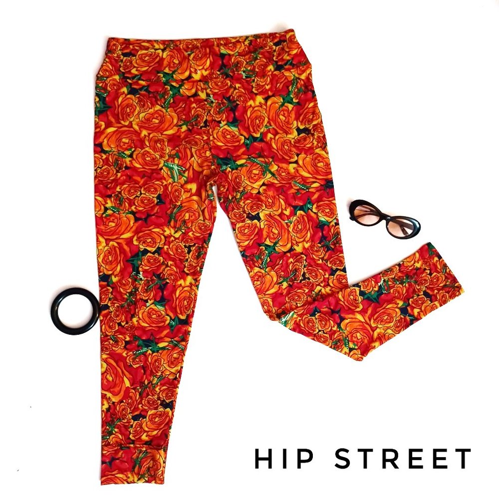 LULAROE Red & Orange Roses Leggings Tall & Curvy